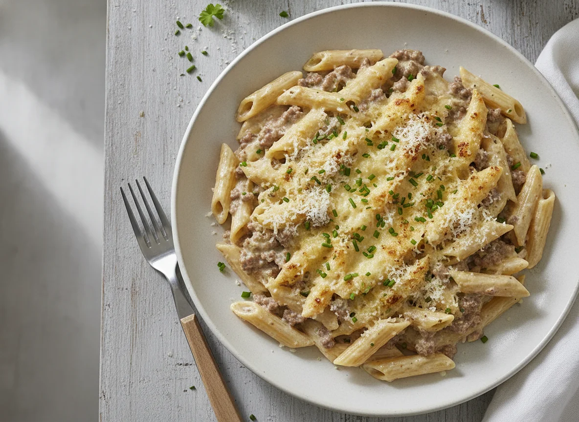 Penne mit Hackfleisch-Käse-Sauce photo