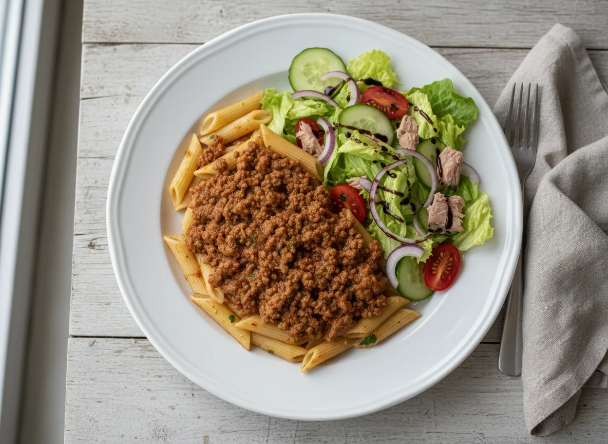 Penne mit Hackfleischsauce und Salat photo