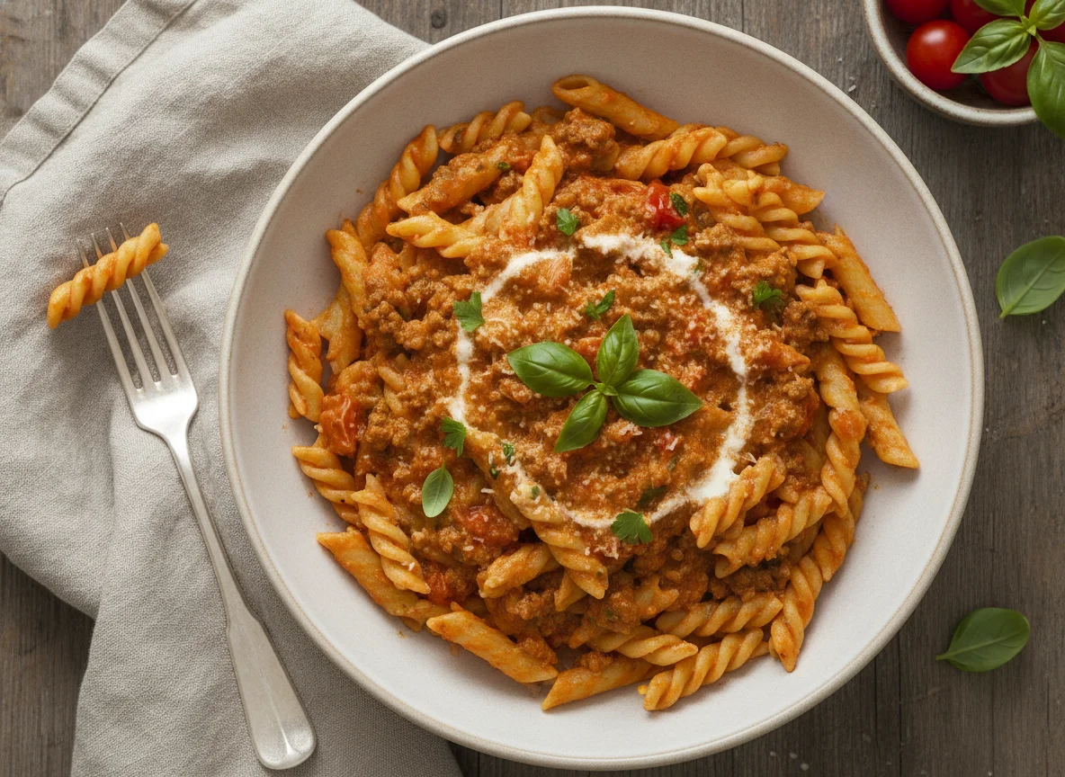 Penne mit Hackfleisch-Tomaten-Sahnesauce photo