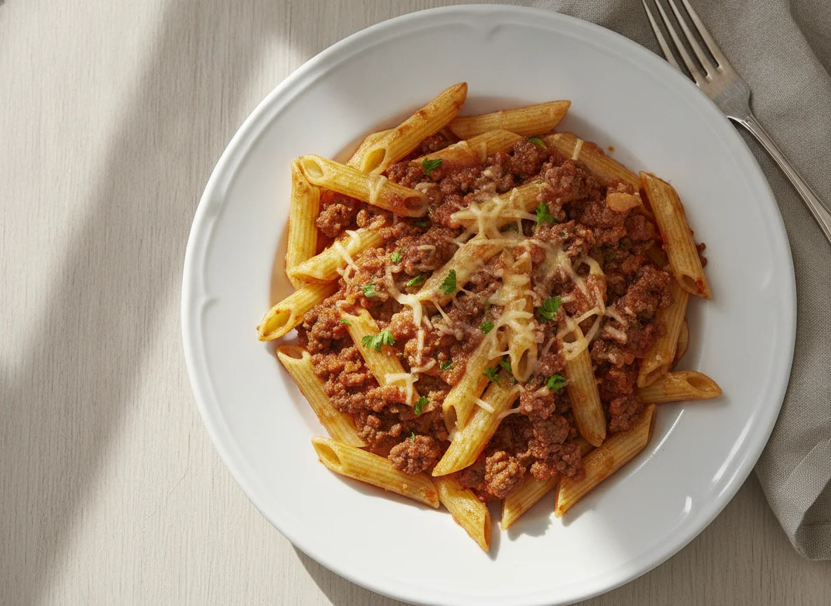 Penne mit Hackfleisch-Tomatensauce und Käse photo