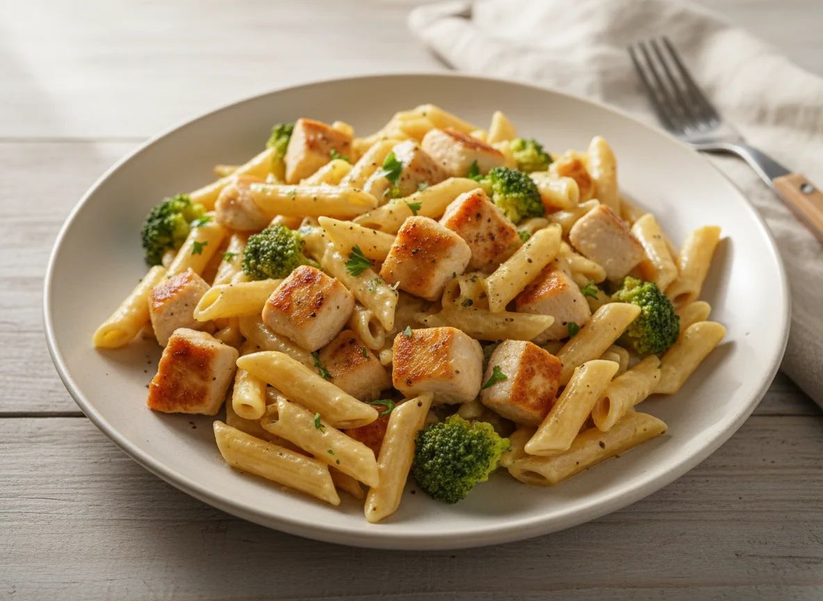 Penne mit Hähnchen, Brokkoli und Sahnesauce photo