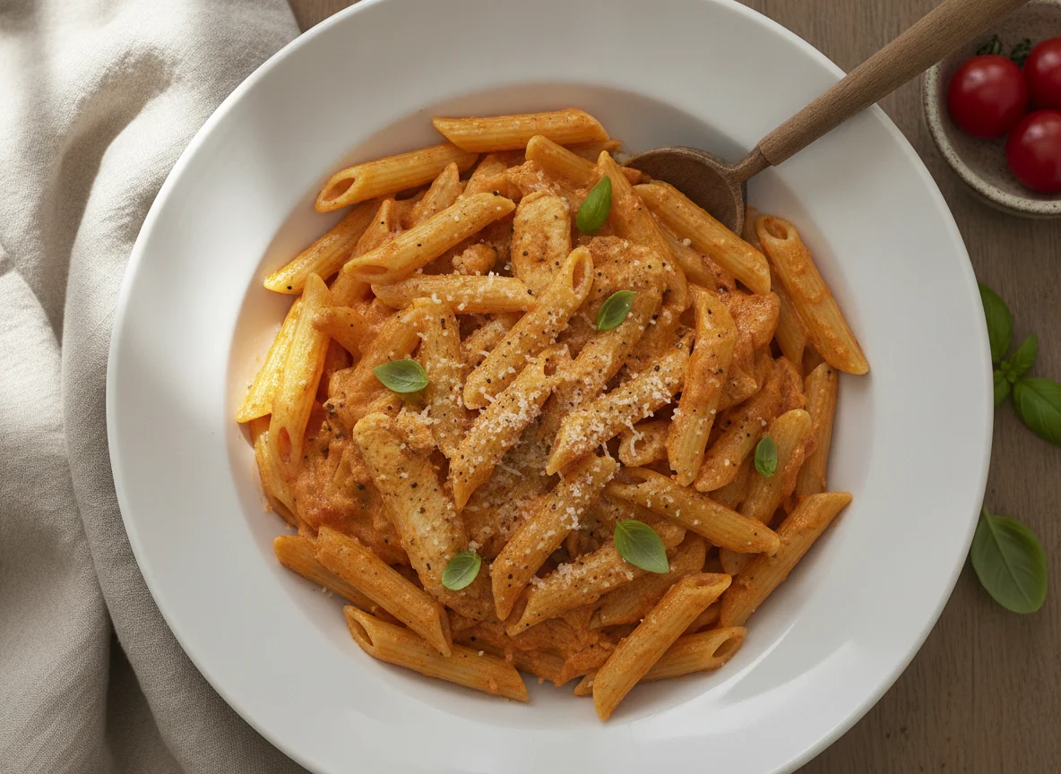Penne mit Hähnchen in Tomaten-Sahnesauce photo