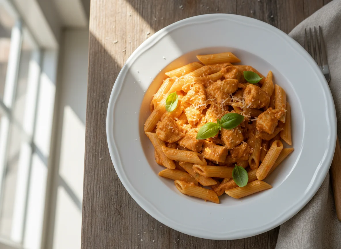 Penne mit Hähnchen in Tomaten-Sahne-Sauce photo
