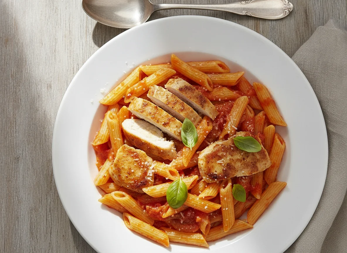 Penne mit Hähnchen in Tomatensauce photo