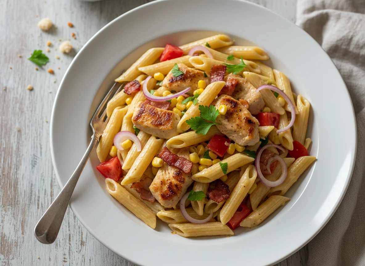 Penne mit Hähnchen, Speck und Sahnesauce photo