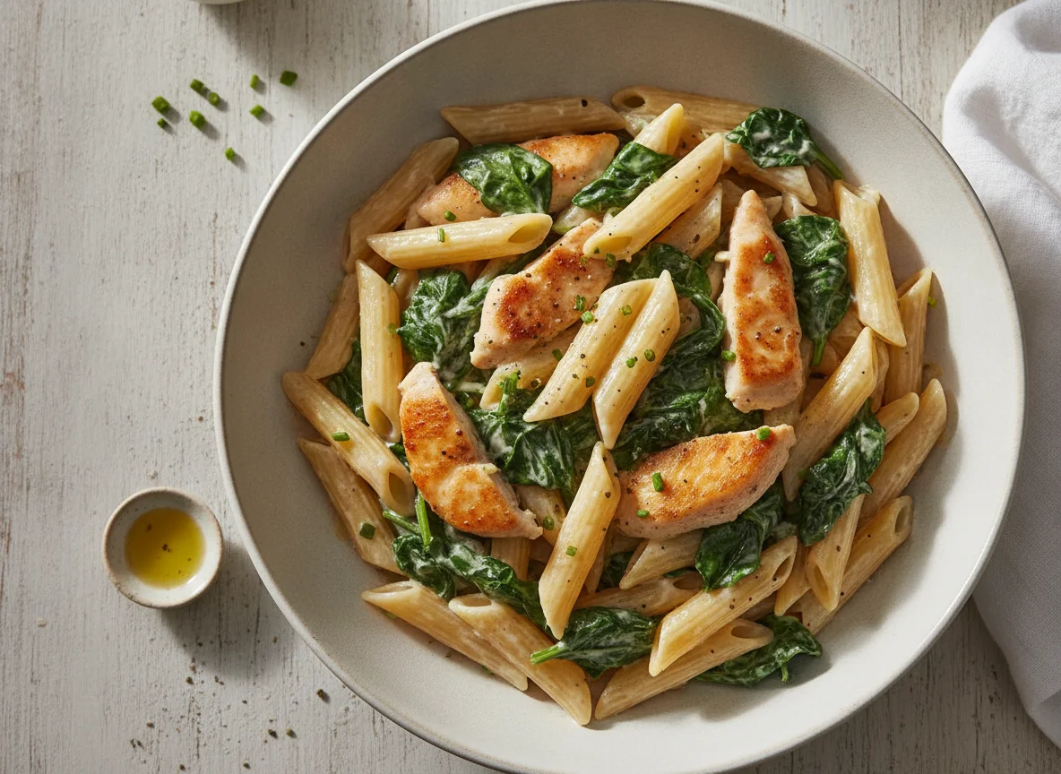 Penne mit Hähnchen, Spinat und Sahnesauce photo