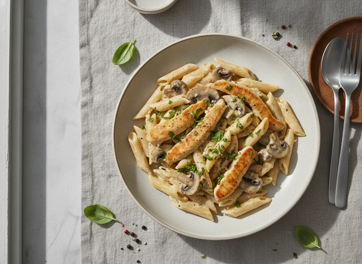 Penne mit Hähnchen und Champignons in Sahnesauce photo