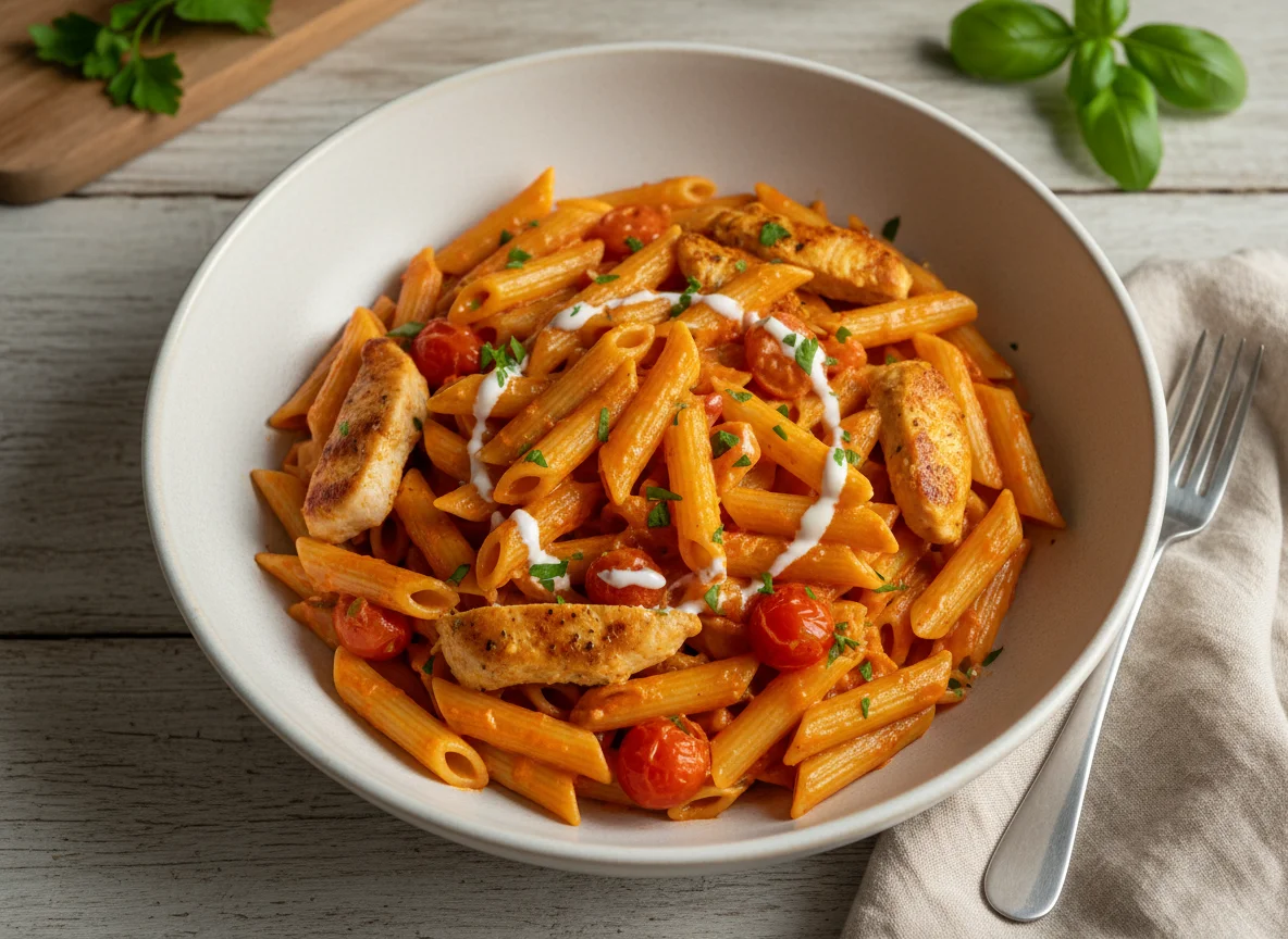 Penne mit Hähnchen und cremiger Sauce photo
