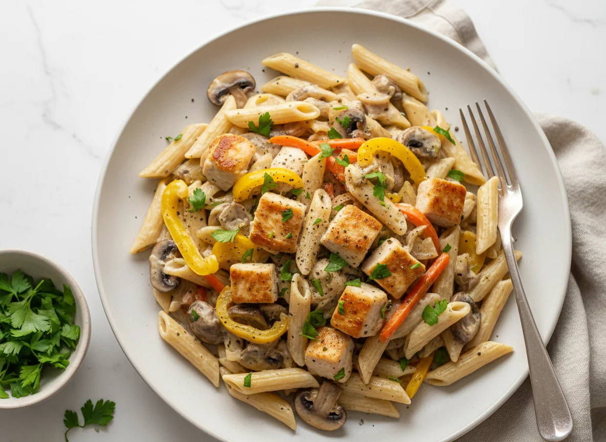 Penne mit Hähnchen und Gemüse in Sahnesauce photo