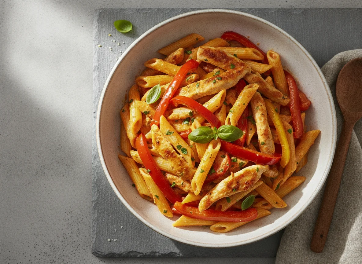 Penne mit Hähnchen und Paprika photo