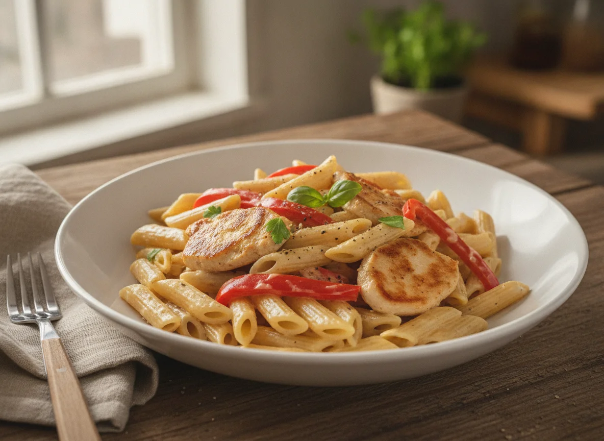 Penne mit Hähnchen und Paprika in Sahnesauce photo