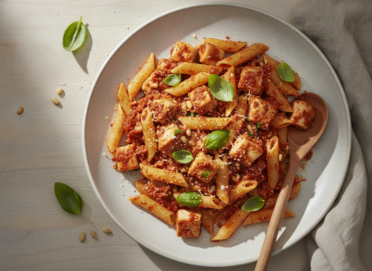 Penne mit Hähnchen und Pesto photo