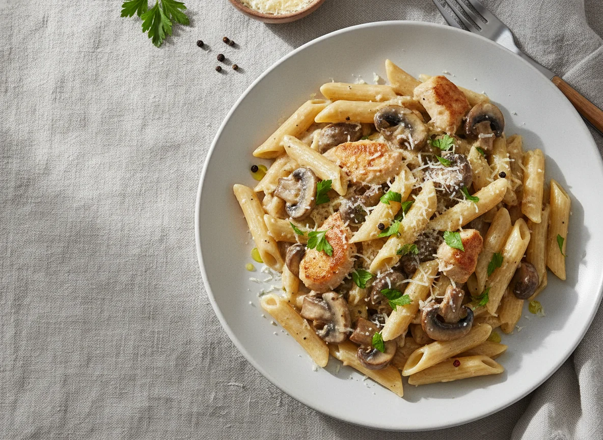Penne mit Hähnchen und Pilz-Sahnesauce photo