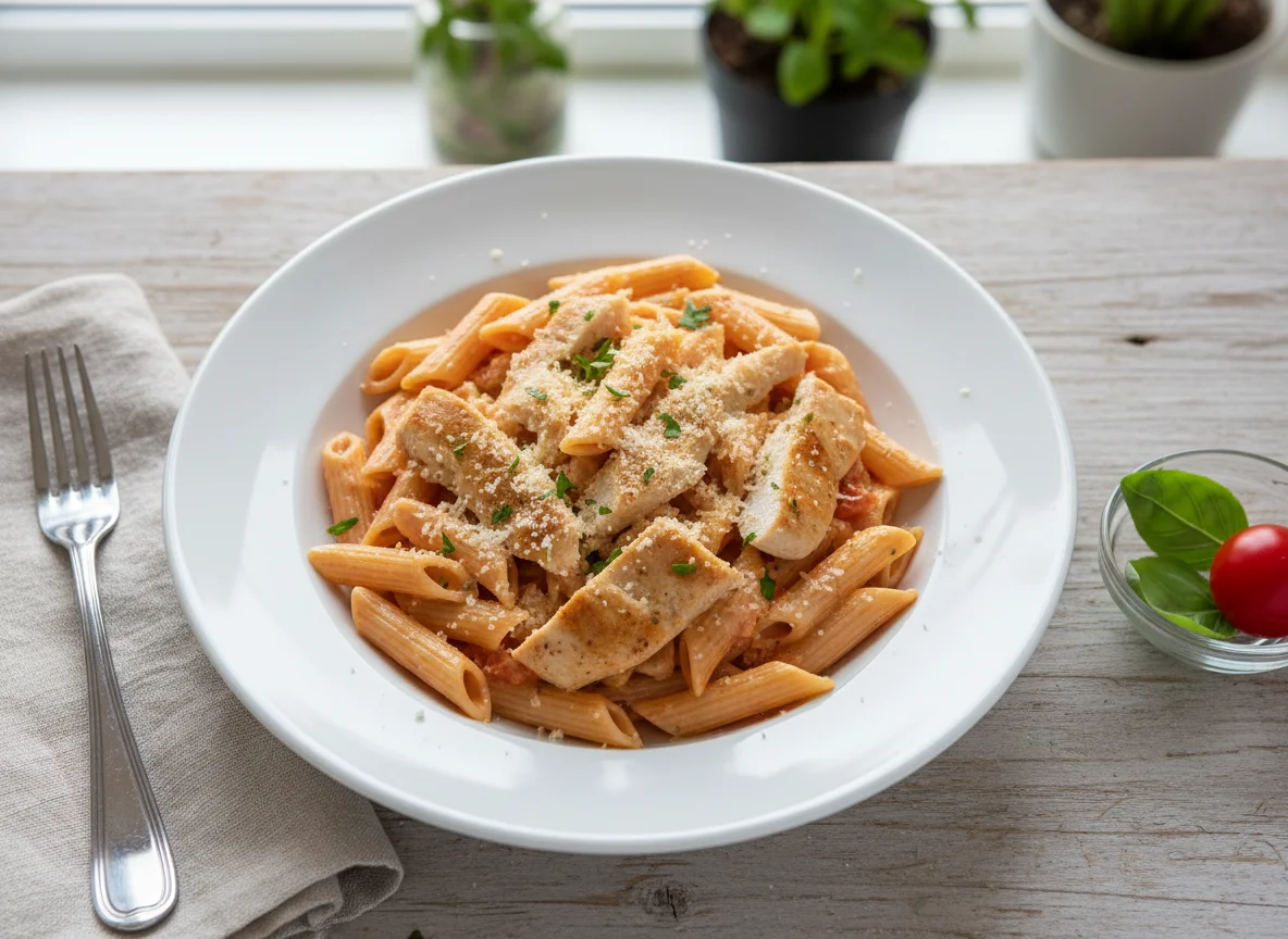 Penne mit Hähnchen und Rosasauce photo