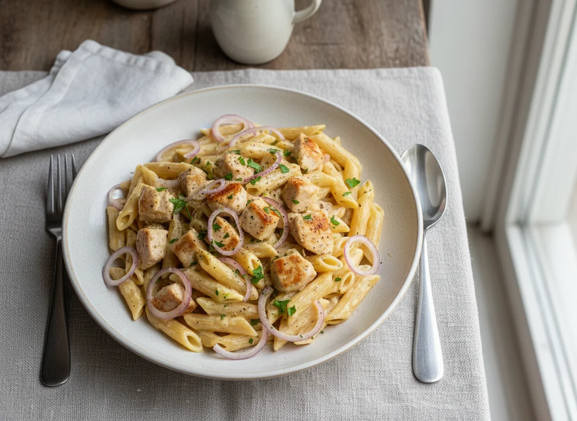 Penne mit Hähnchen und Sahnesauce photo