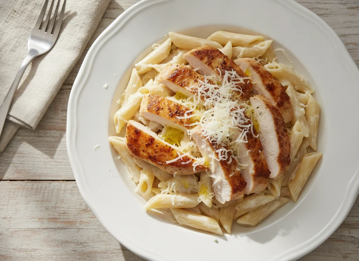 Penne mit Hähnchenbrust und Sahnesauce photo