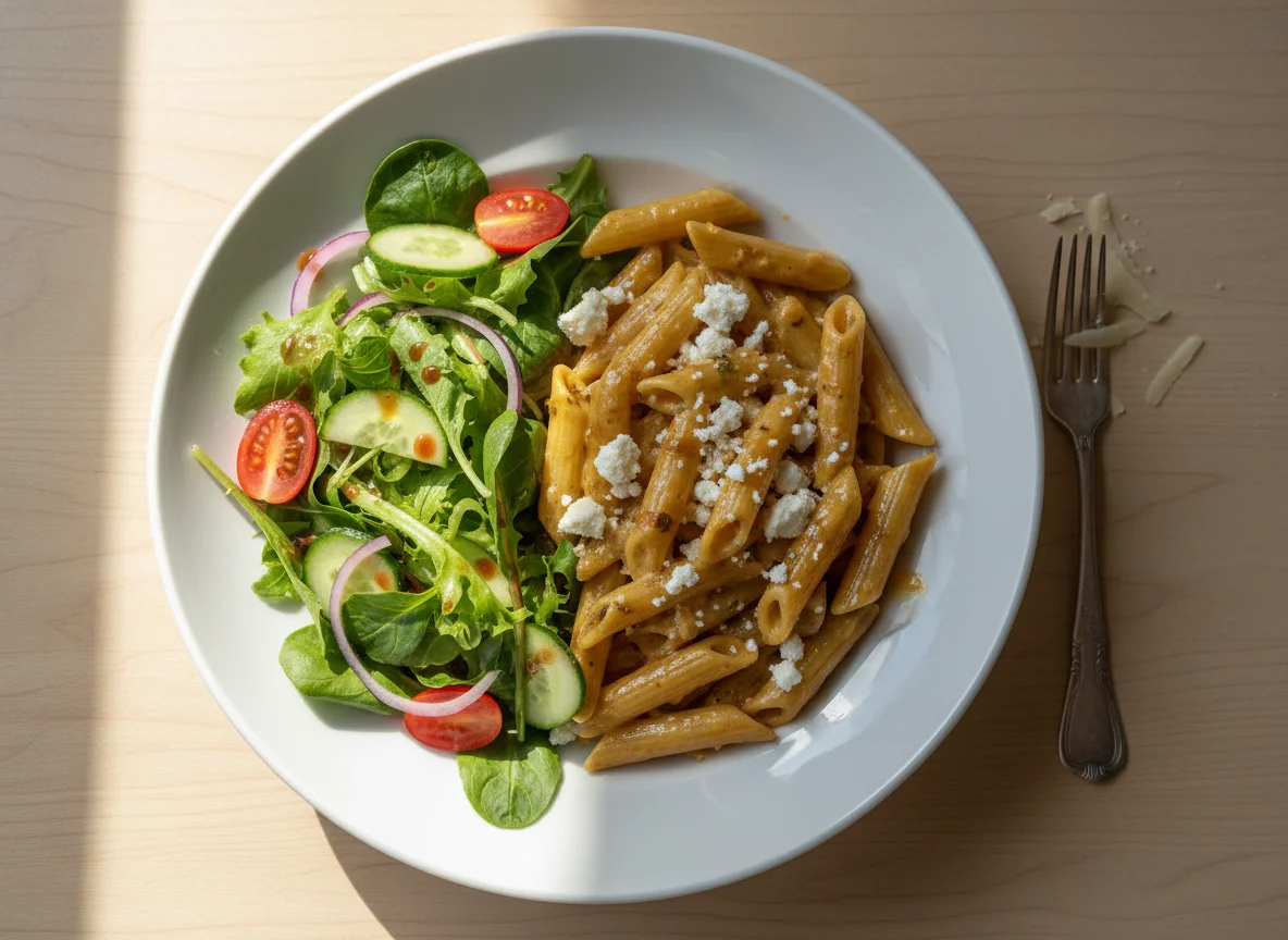 Penne mit Käse und gemischter Salat photo