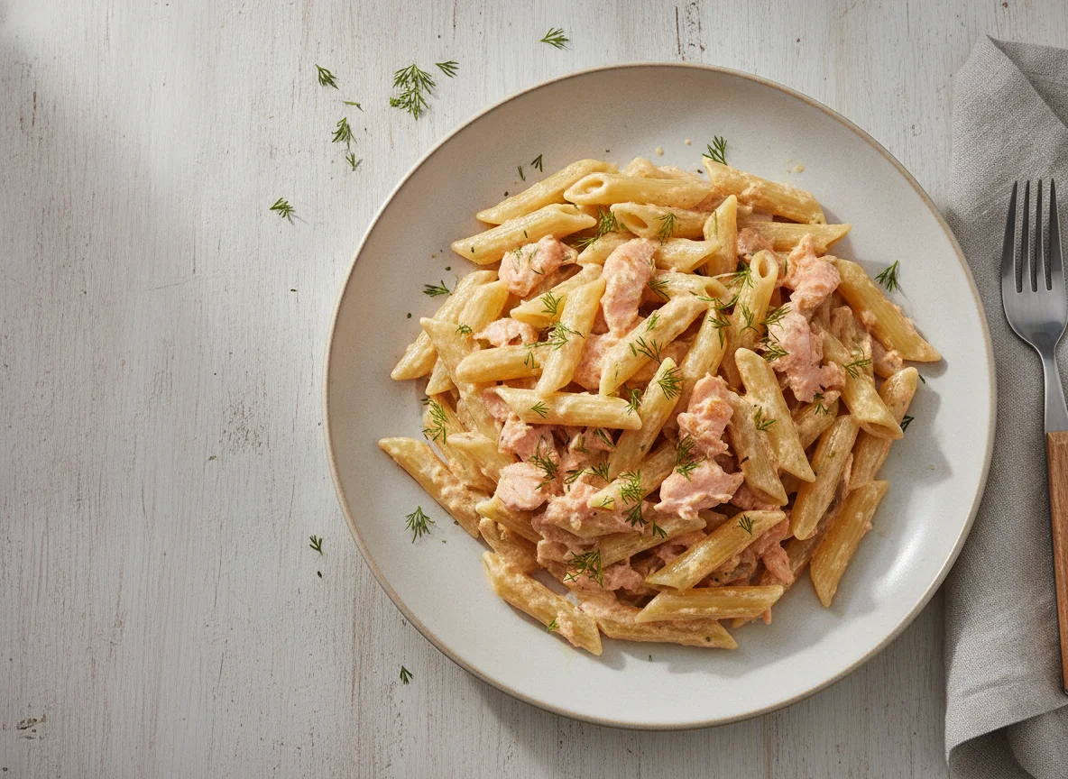 Penne mit Lachs in Sahnesoße photo
