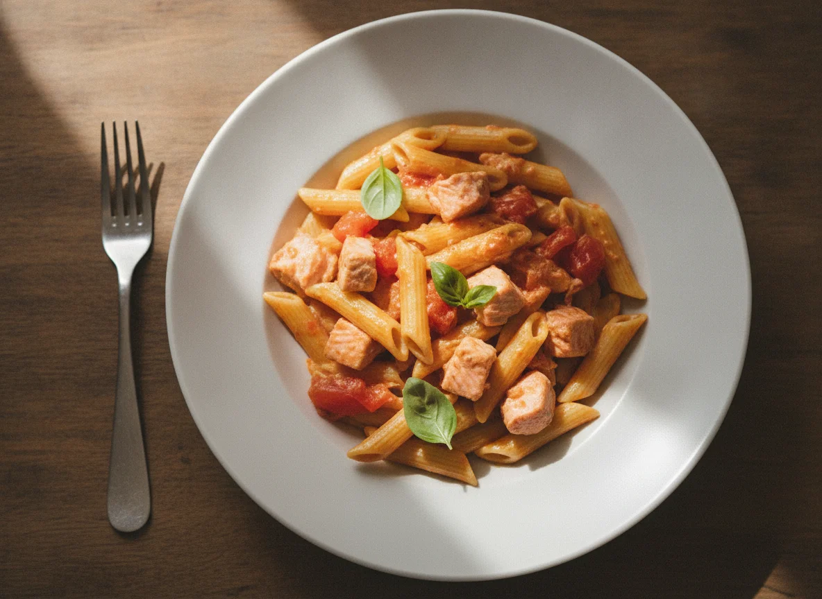 Penne mit Lachs in Tomaten-Sahnesauce photo