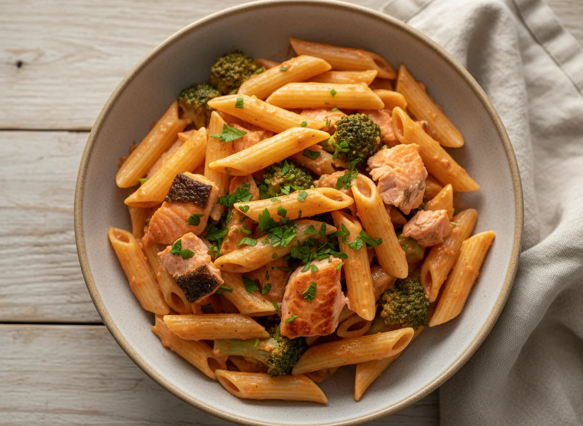 Penne mit Lachs und Brokkoli in Sahnesauce photo