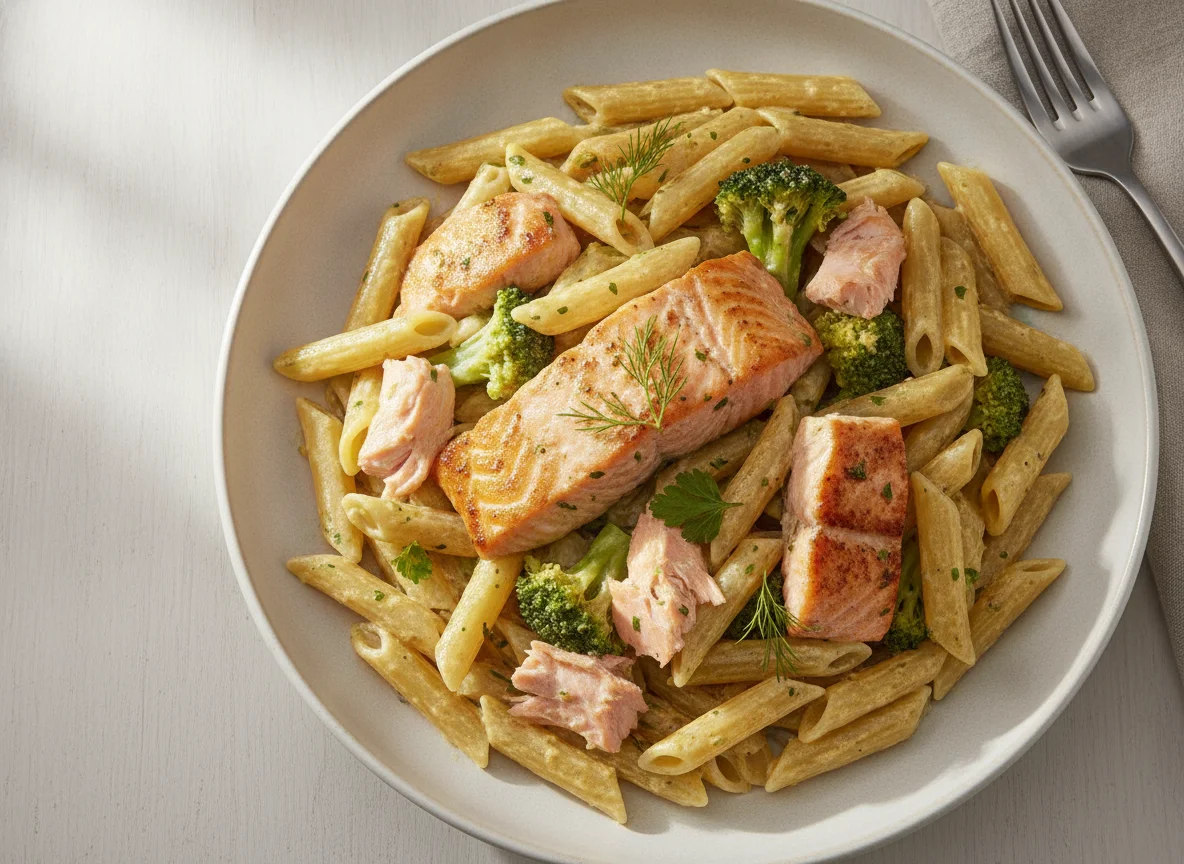 Penne mit Lachs und Brokkoli in Sahnesoße photo