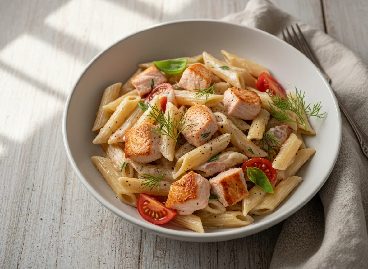 Penne mit Lachs und Rahmsauce photo