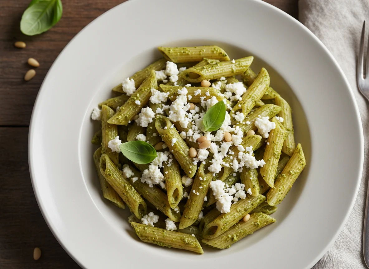 Penne mit Pesto und Feta photo
