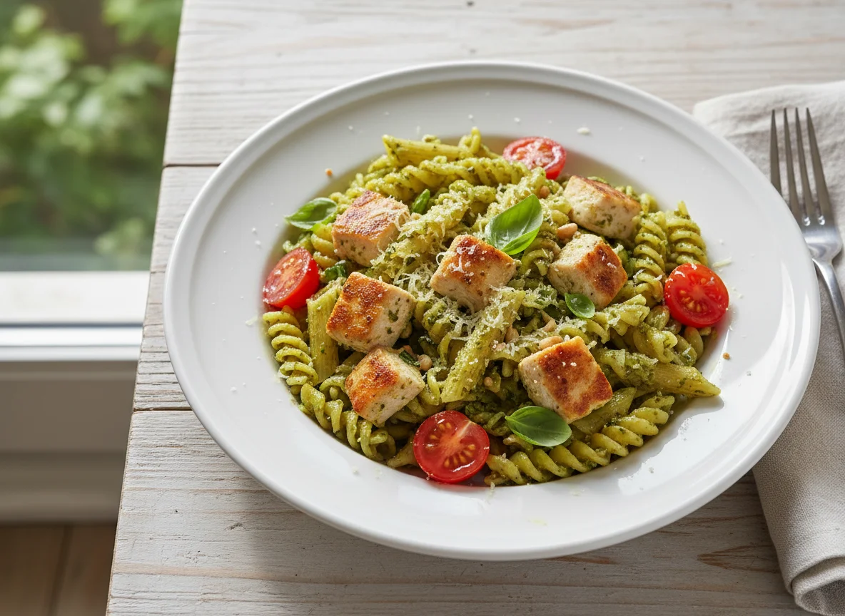 Penne mit Pesto und Hähnchen photo
