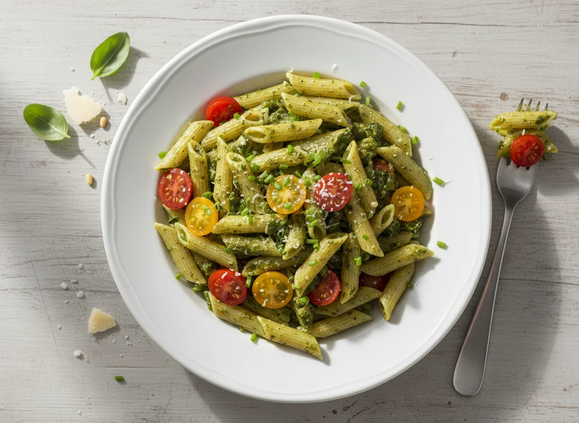 Penne mit Pesto und Kirschtomaten photo