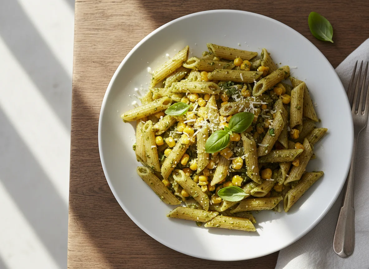 Penne mit Pesto und Mais photo