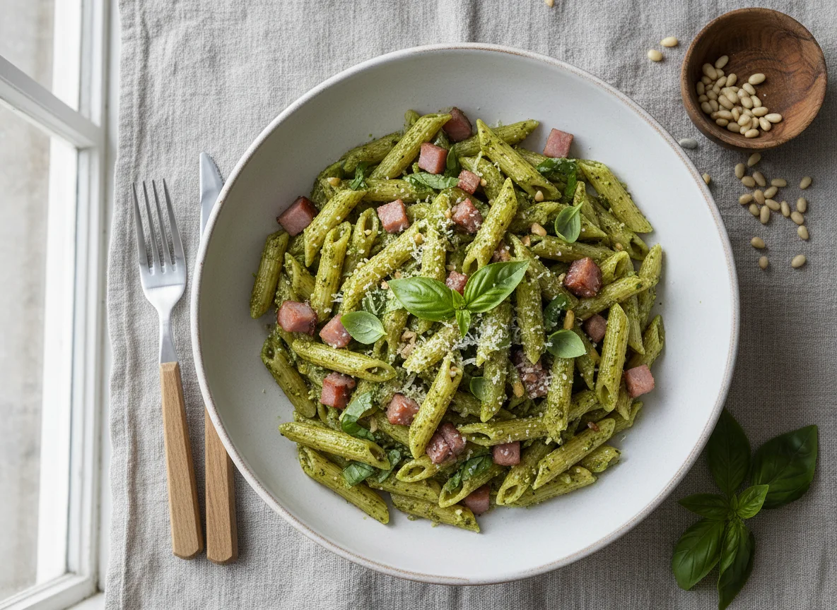 Penne mit Pesto und Schinkenwürfeln photo