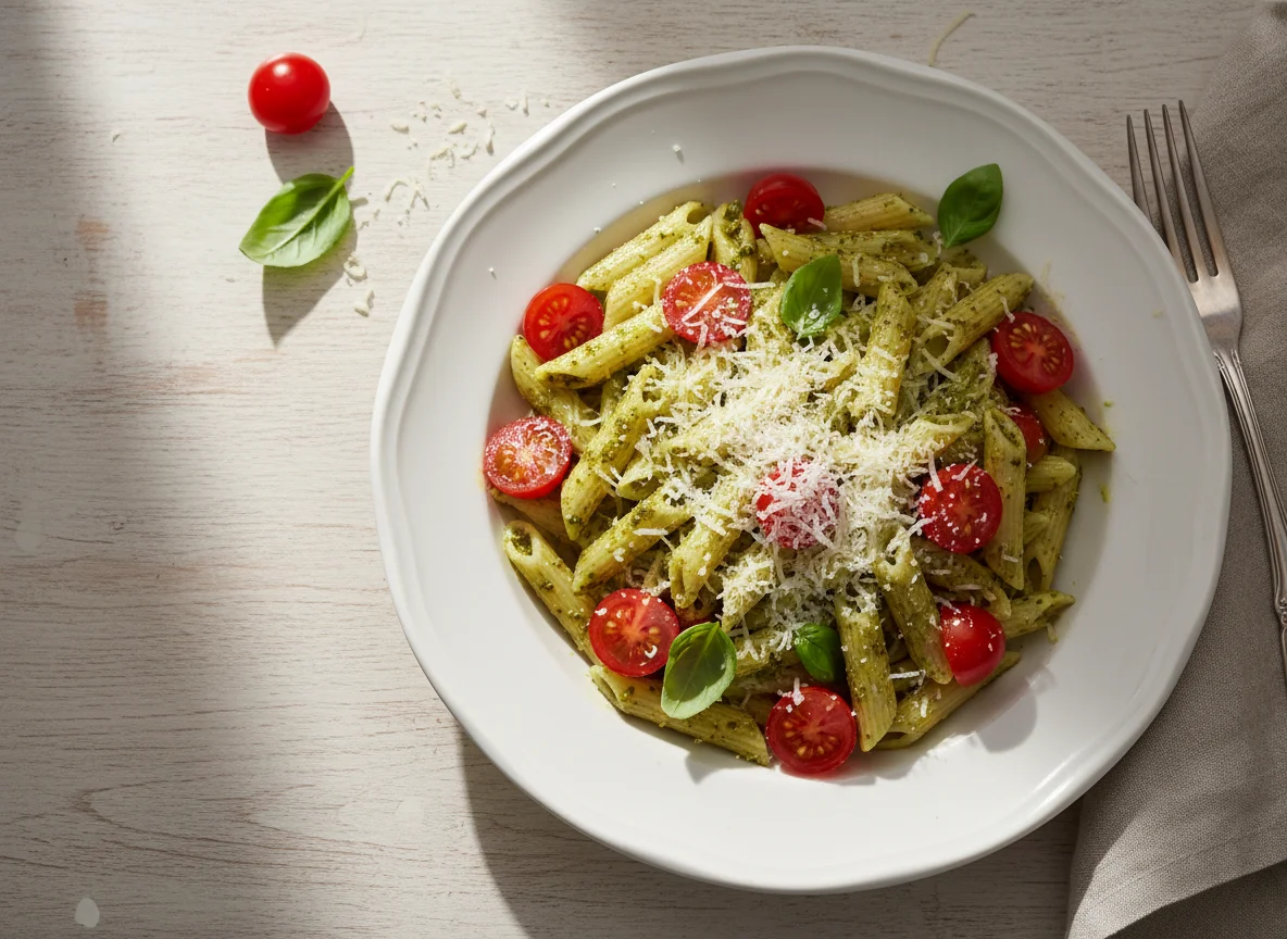 Penne mit Pesto und Tomaten photo