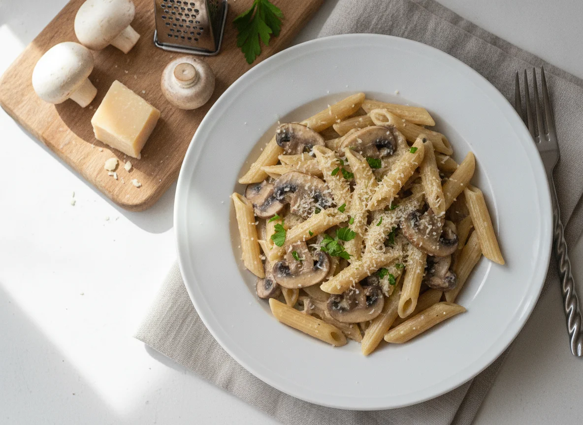 Penne mit Pilz-Rahmsauce und Parmesan photo