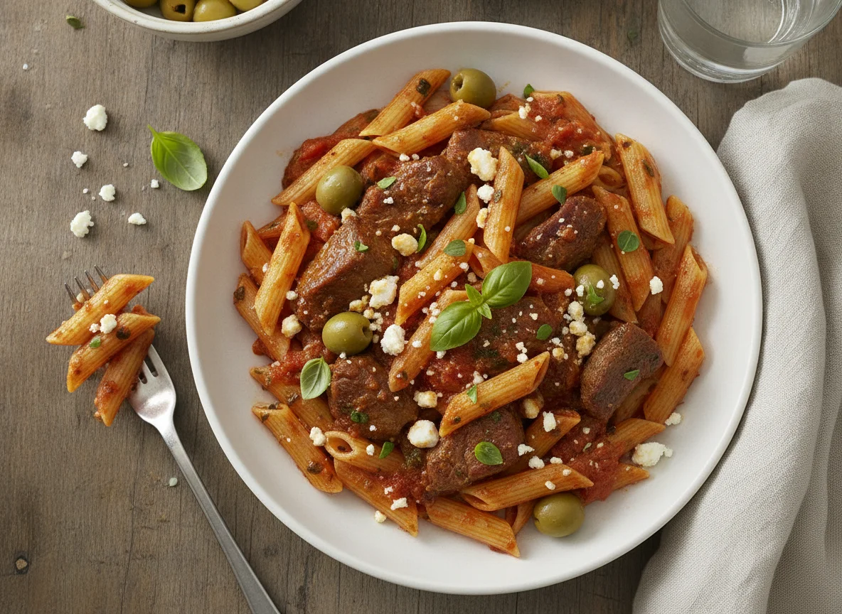 Penne mit Rindfleisch und Tomatensauce photo