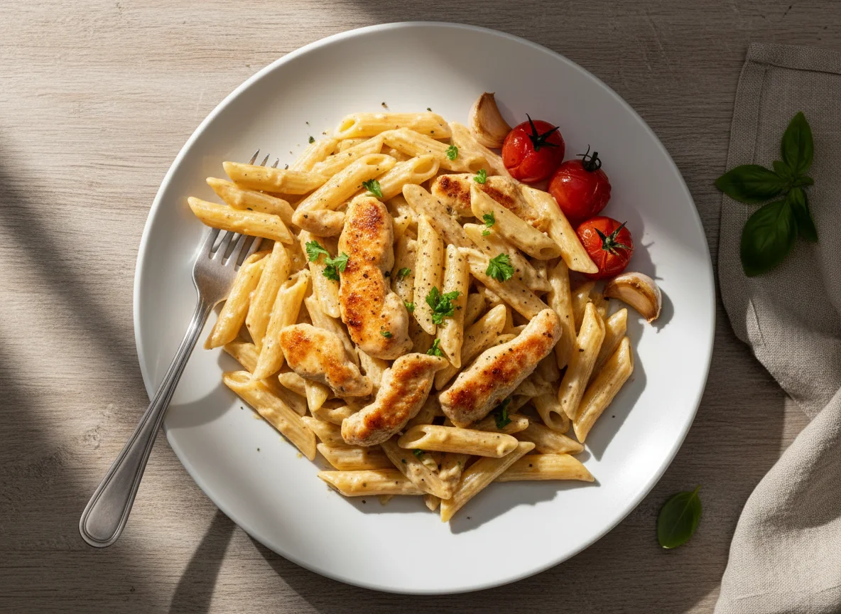 Penne mit Sahnesauce und Hähnchen photo