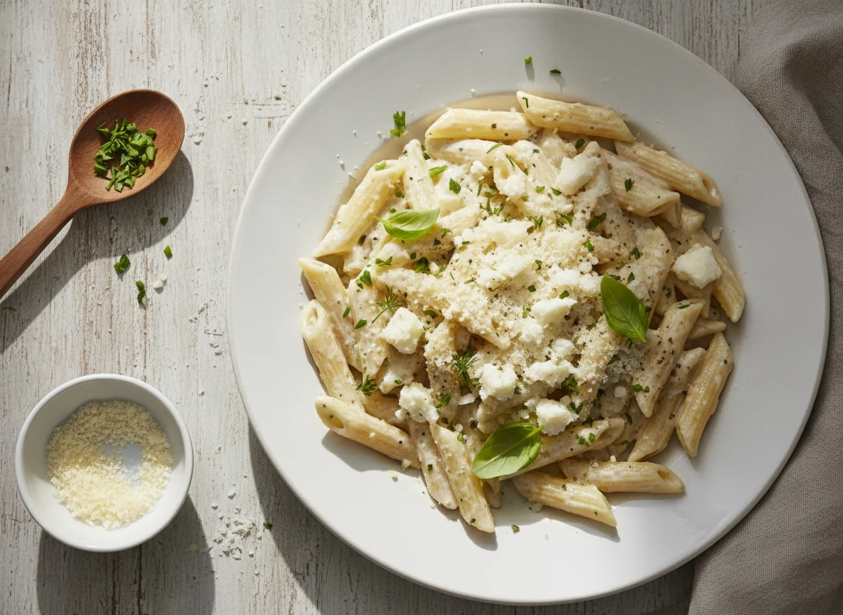 Penne mit Sahnesauce und Kräutern photo