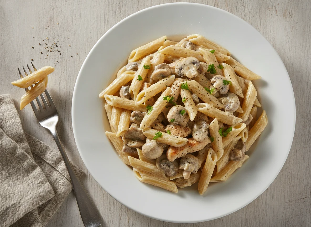 Penne mit Sahnesauce und Pilzen photo