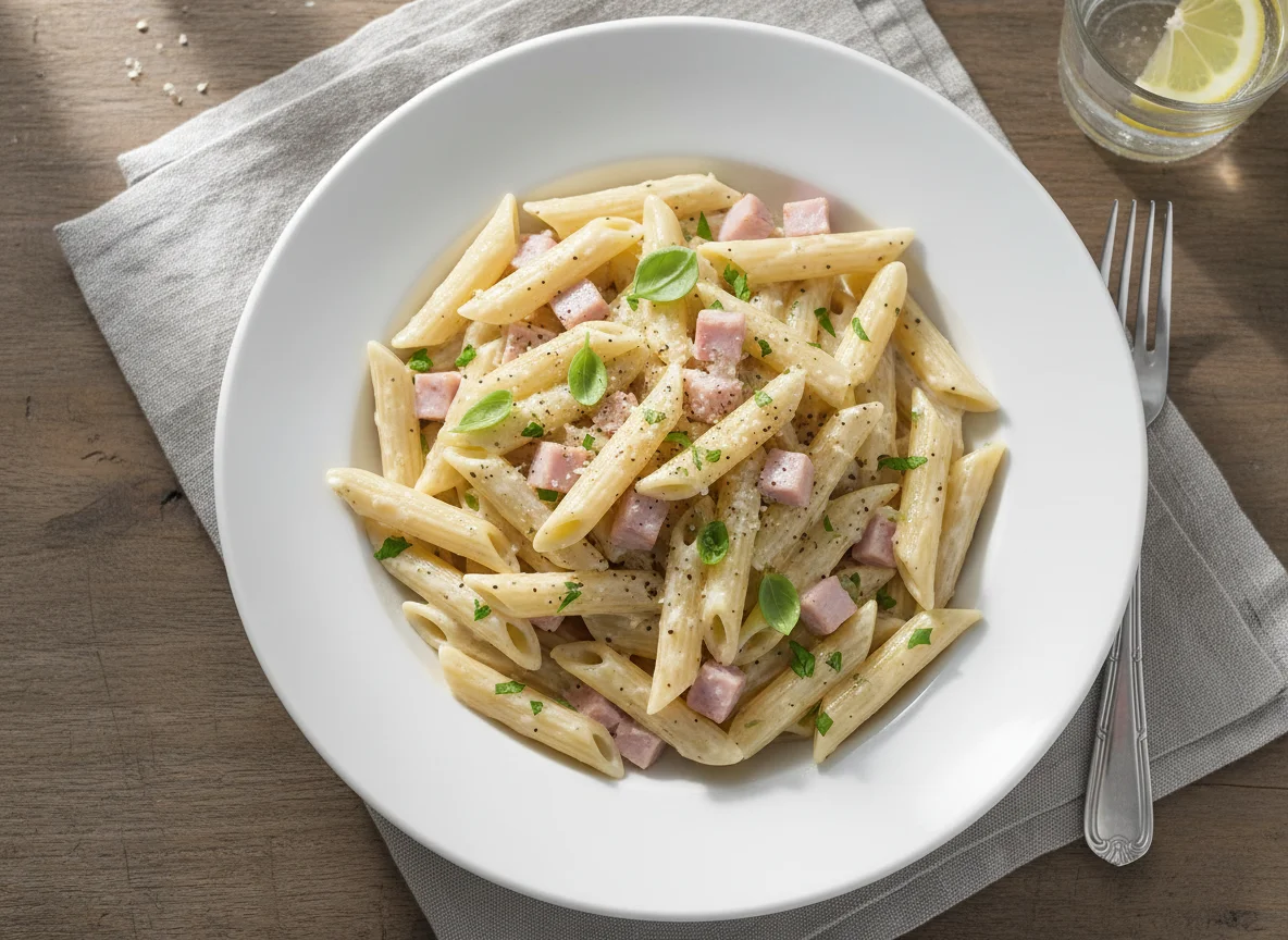 Penne mit Sahnesauce und Schinken photo