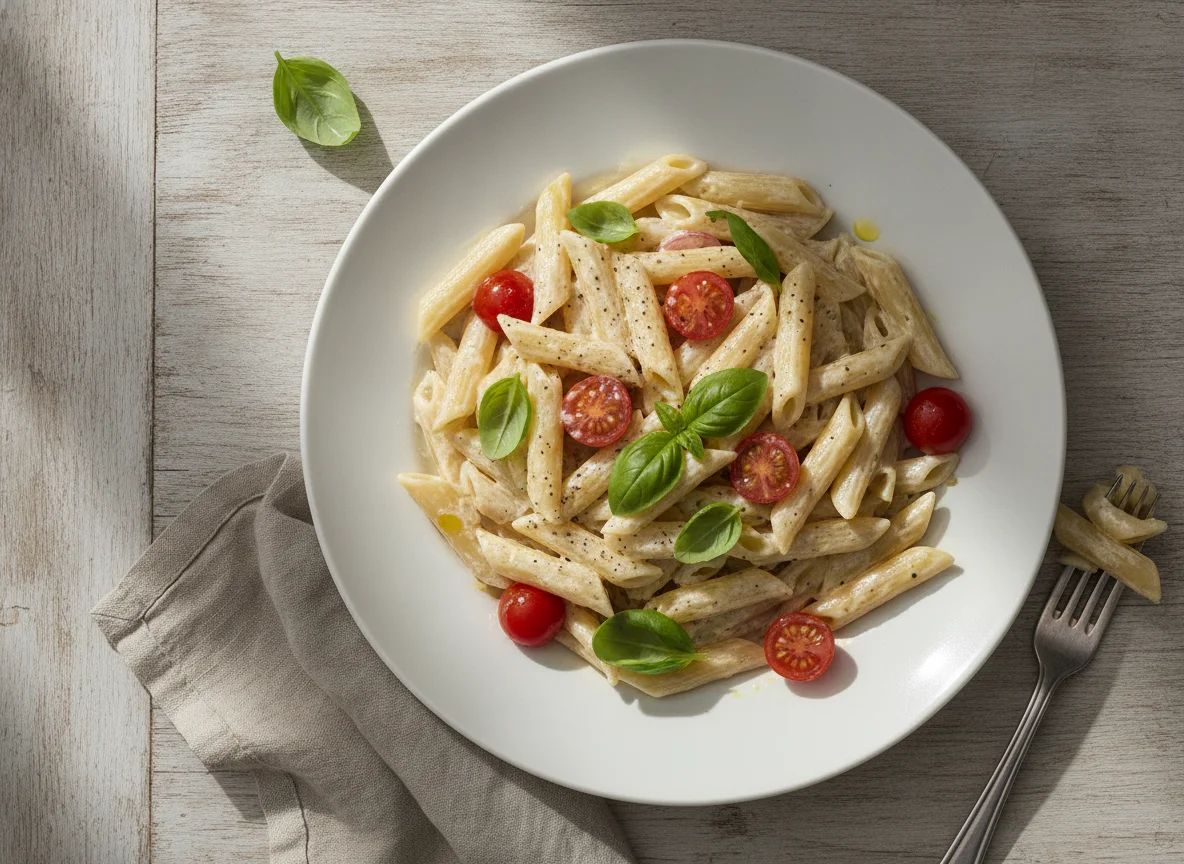 Penne mit Sahnesauce und Tomaten photo