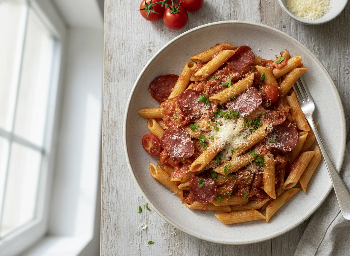 Penne mit Salami und Tomatensauce photo