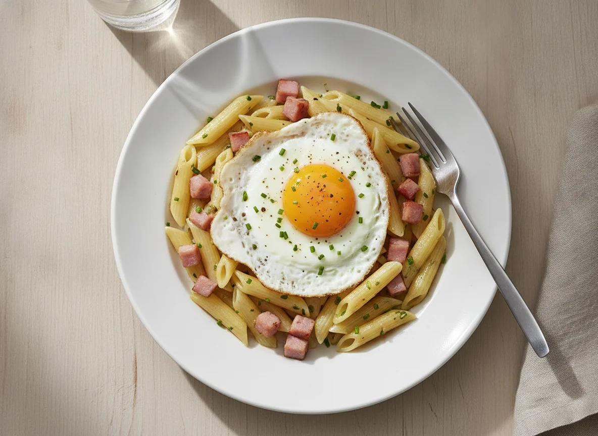 Penne mit Schinken und Ei photo