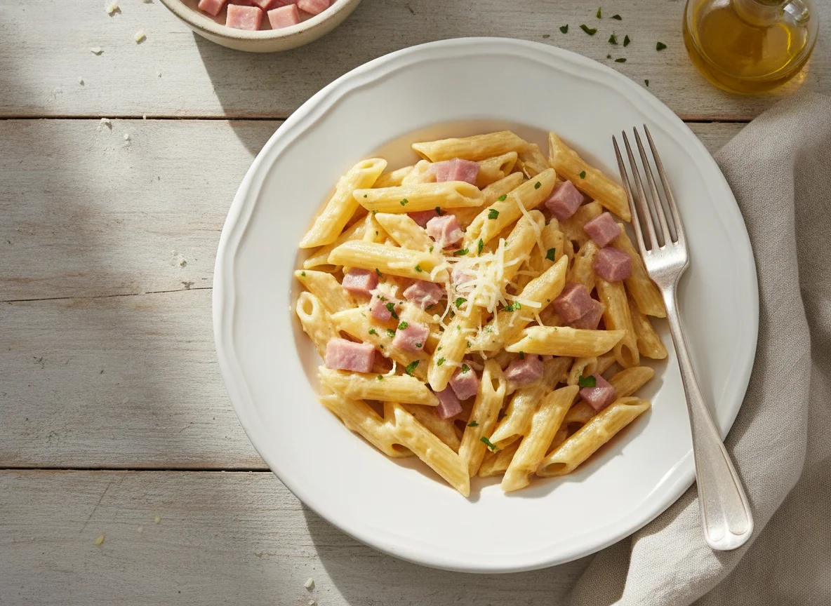 Penne mit Schinken und Käse photo