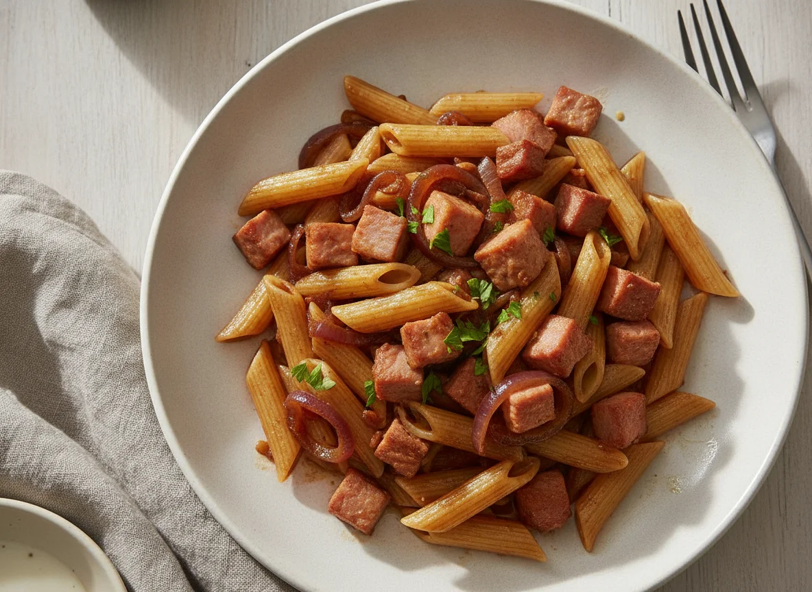 Penne mit Schinken und Zwiebeln photo
