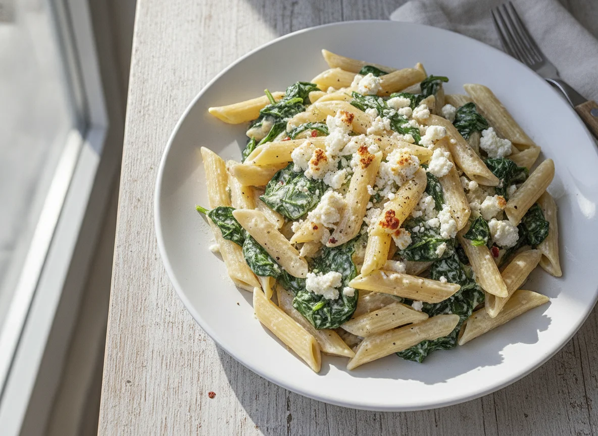 Penne mit Spinat und Feta photo