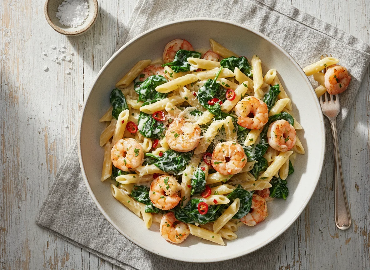 Penne mit Spinat und Garnelen photo