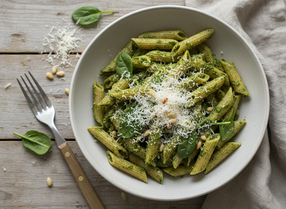 Penne mit Spinatpesto und Käse photo