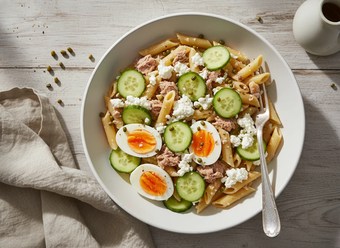 Penne mit Thunfisch, Ei, Hüttenkäse und Gurke photo