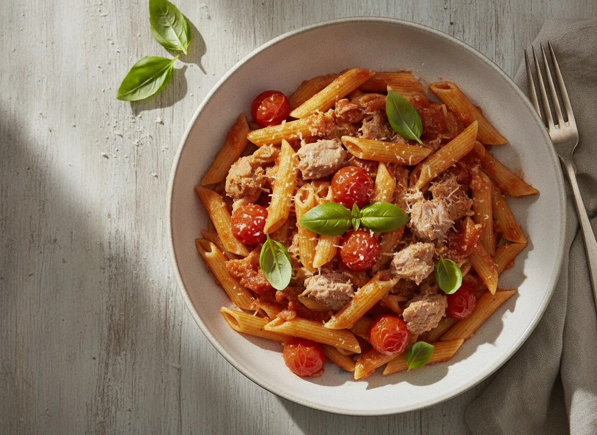 Penne mit Thunfisch und Tomatensauce photo