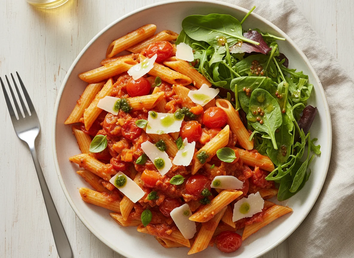 Penne mit Tomaten, Karotten und Salat photo
