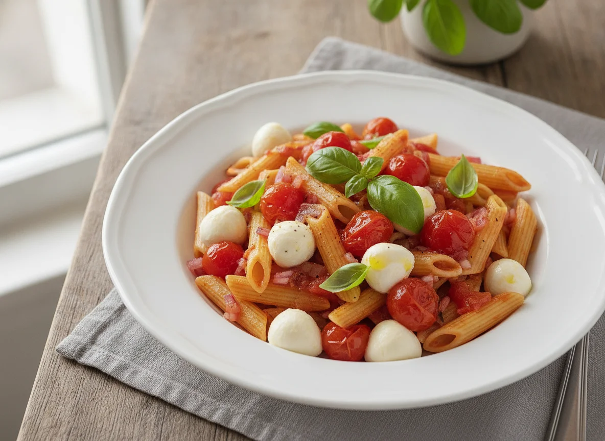 Penne mit Tomaten, Mozzarella und Zwiebeln photo